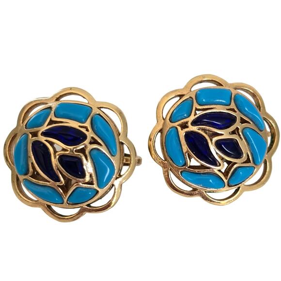Crown Trifari Alfred Philippe Earrings Modern Mosaics Sapphire Turquoise Gold - Picture 1 of 7